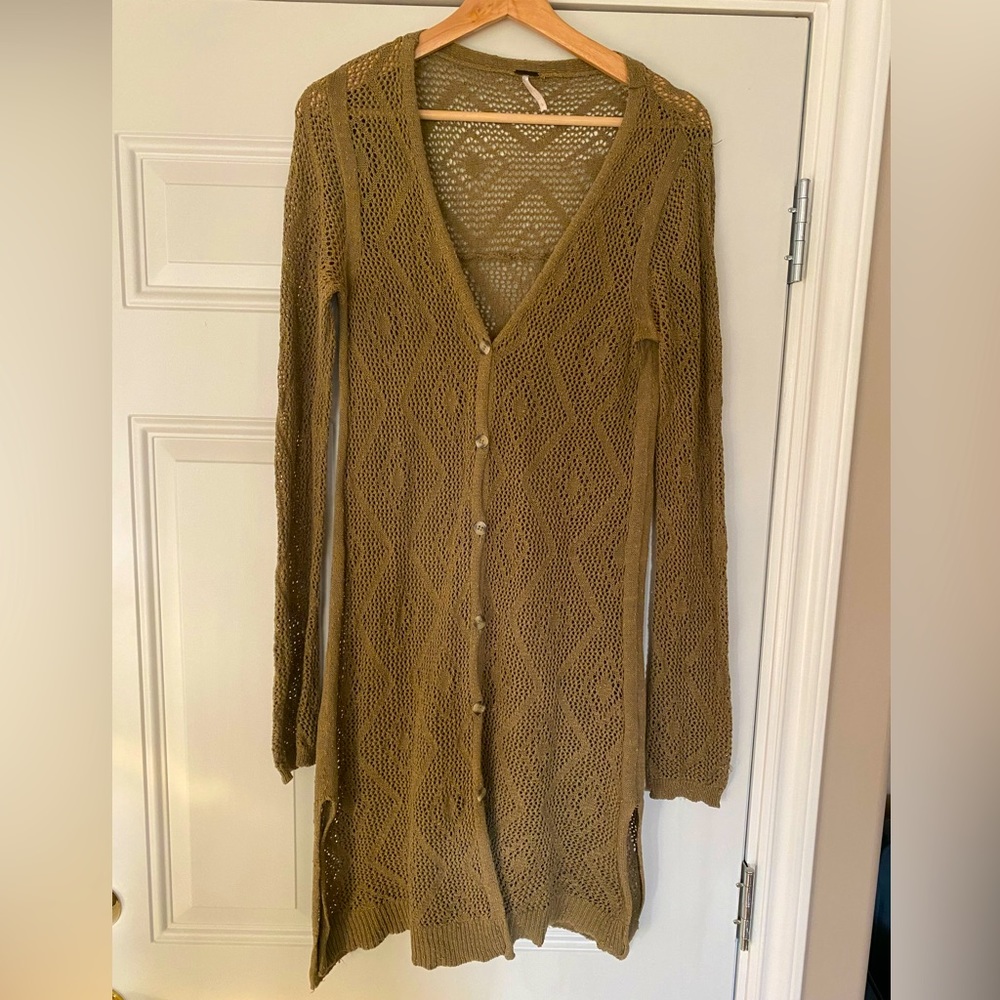 Free People Olive Green Crocheted Duster | Large, fits medium
